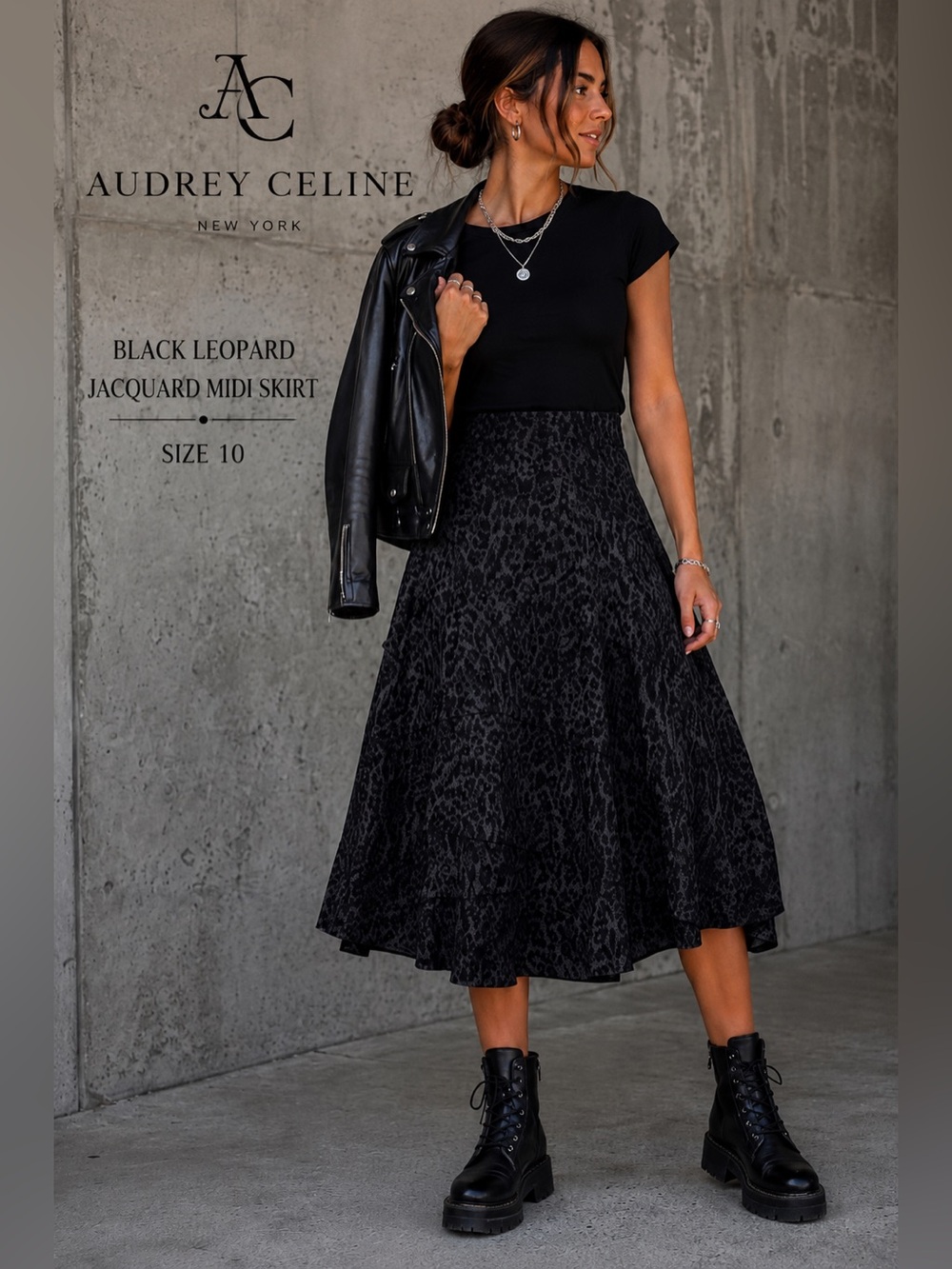 Audrey Celine 10 Black Leopard Print Midi Skirt Western Dark Academia Whimsigoth